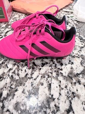 adidas Hot Pink Kids Soccer Shoes with Black Stripes